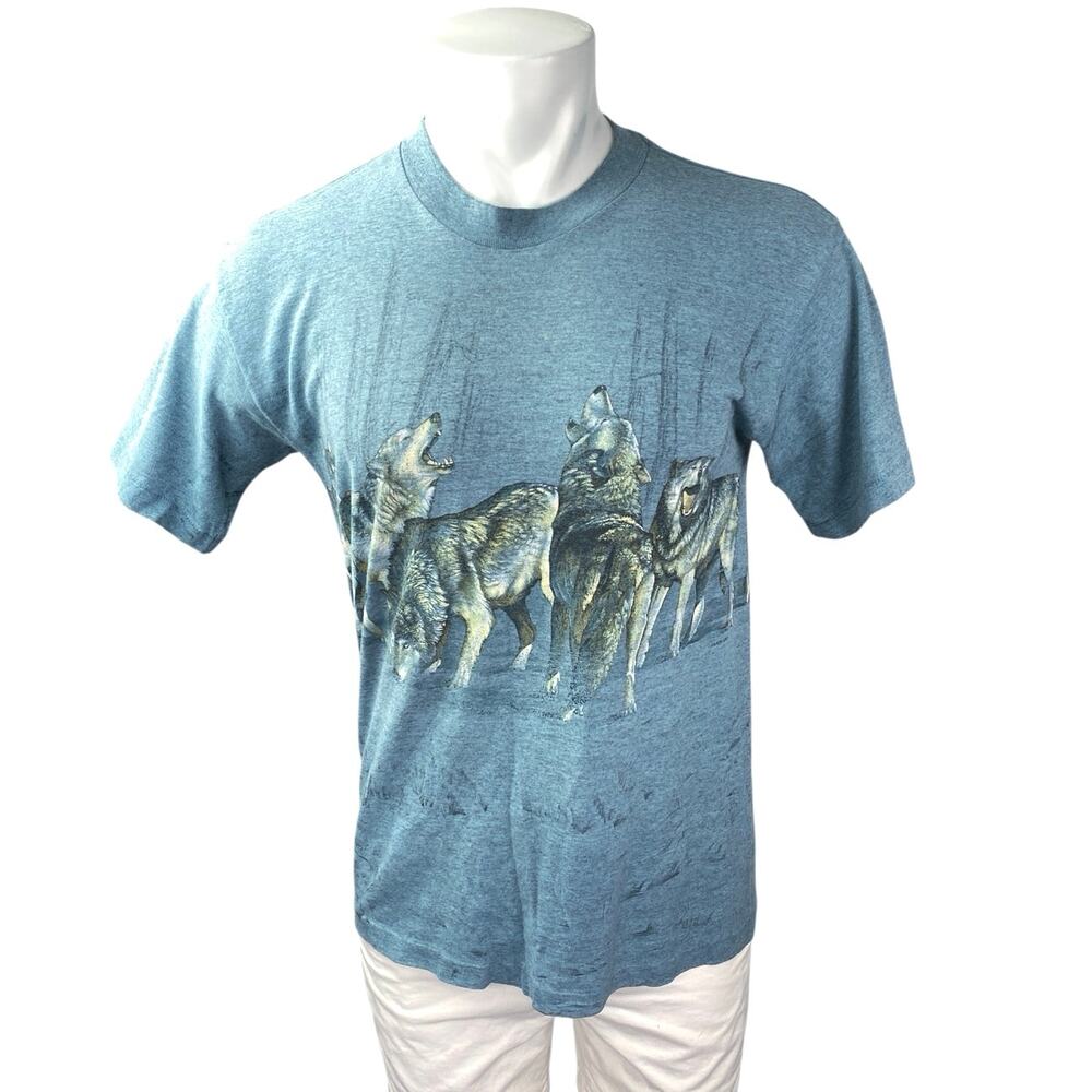 Vintage Signal Sports Men's Blue Wolf Graphic Short Sleeve T Shirt Tee Top Sz S
